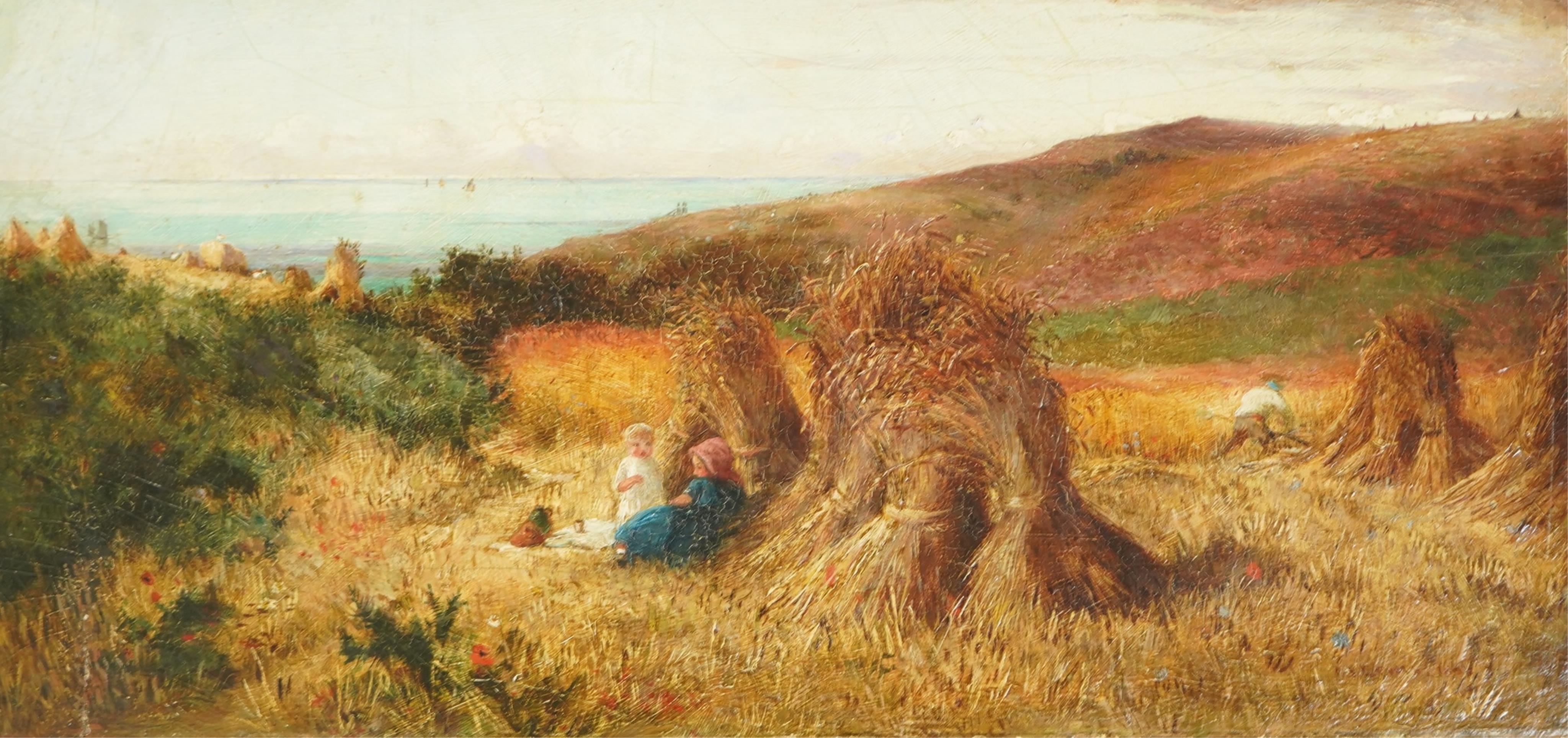 Charles James Lewis (British, 1830-1892), Harvest field, Guernsey, oil on wooden panel, 24 x 49.5cm